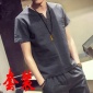 2018夏装亚麻短袖套装男士休闲棉麻上衣短裤一套代发